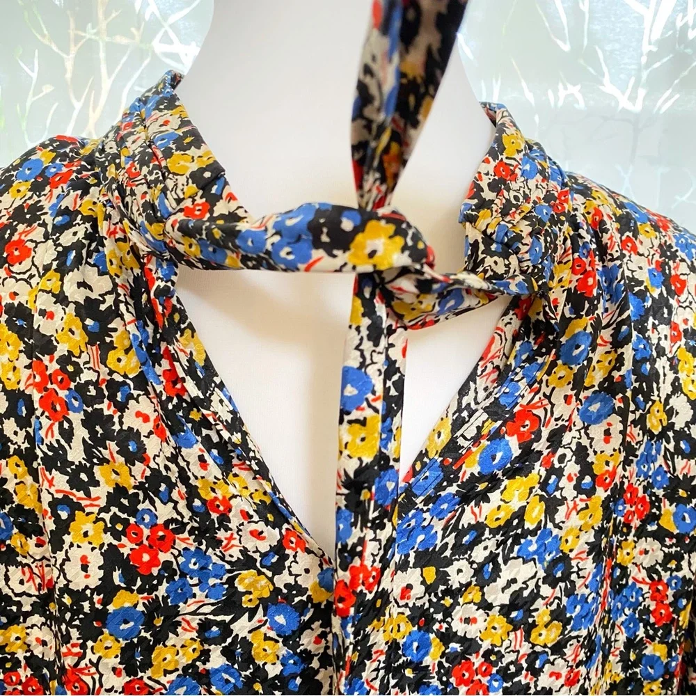Veronica Beard mena black white red floral print neck tie silk blouse top - Picture 10 of 16